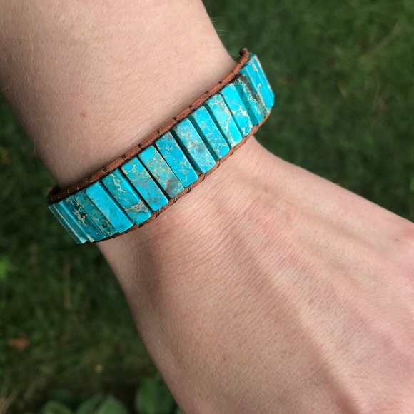 Blue Imperial Jasper Bracelet Boho Genuine Leather - Picture 7 of 8